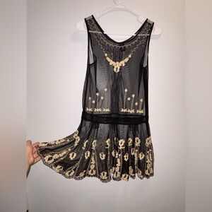 Leith Black Mesh Cover Dress with Gold Embroidery